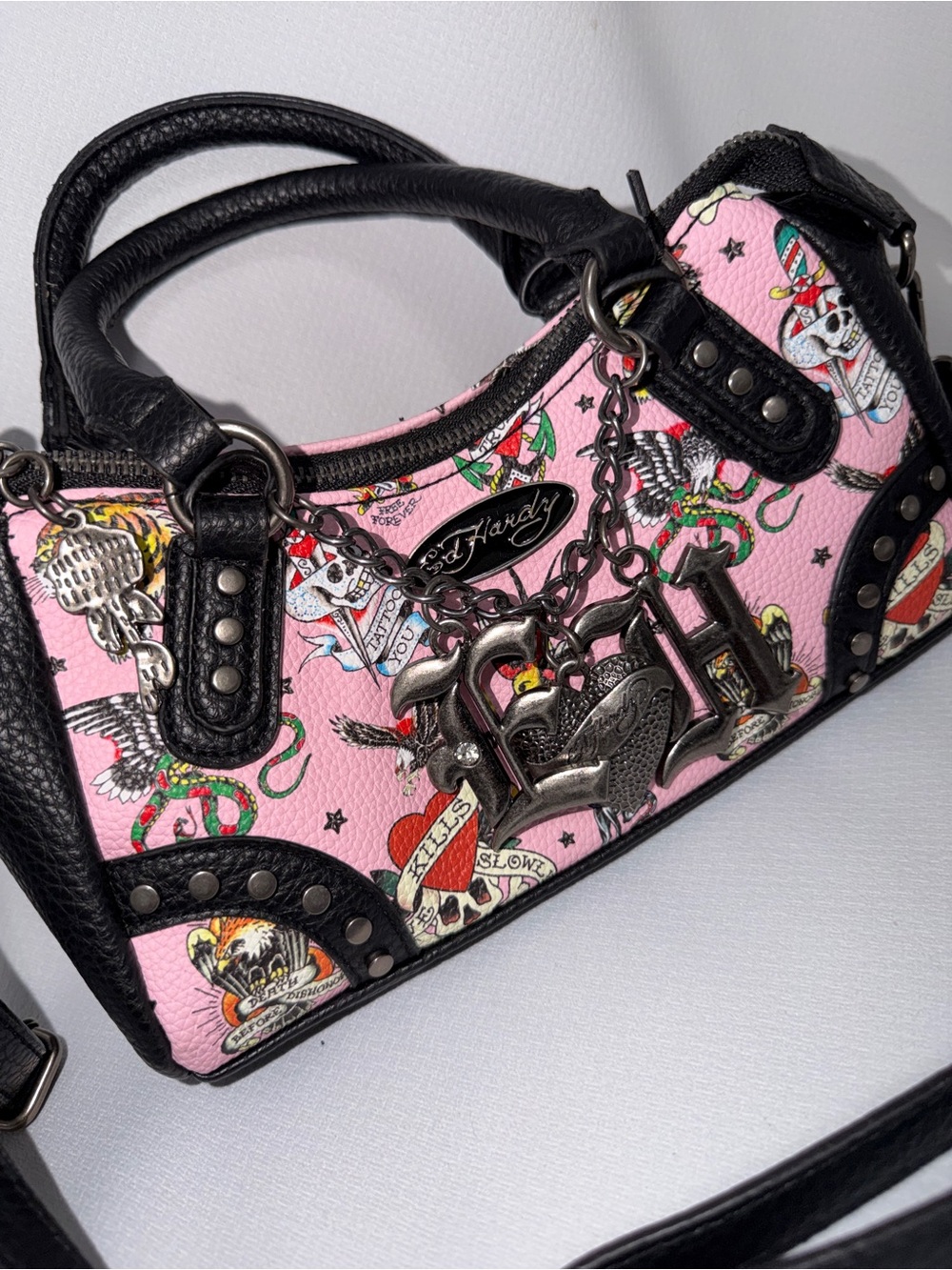 Ed Hardy Pink Tattoo-Print Mini crossbody Bag